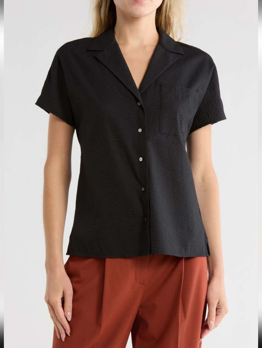 THEORY RALFINN O SH MOD SEERSUCKER SHORT SLEEVE SHIRT BLACK Sz P petite NWT